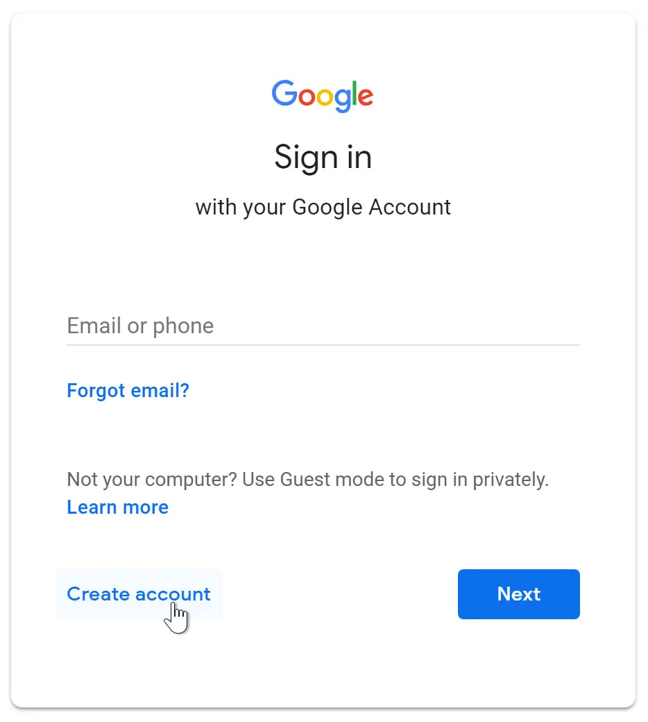 Gmail Create Account Button